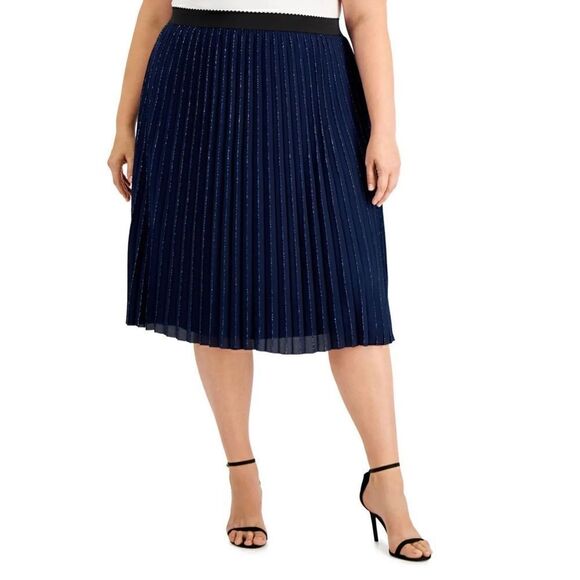 Womens Navy Metallic Pull On Styling Tea-Length Cocktail Pleated Skirt - Picture 3 of 8
